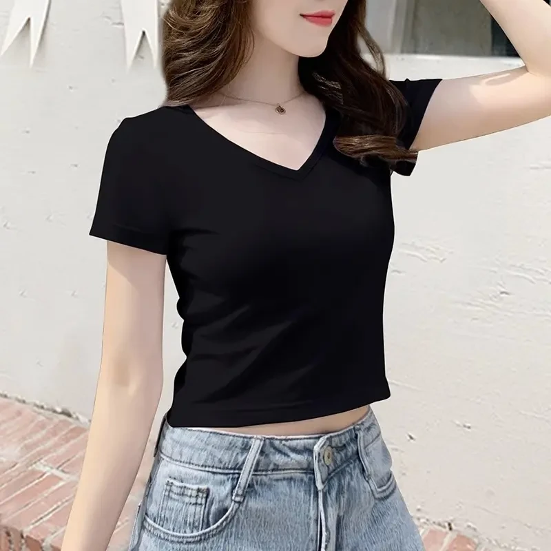 黑色短款t恤女短袖夏季紧身高腰显瘦减龄鸡心领露脐上衣2025新款