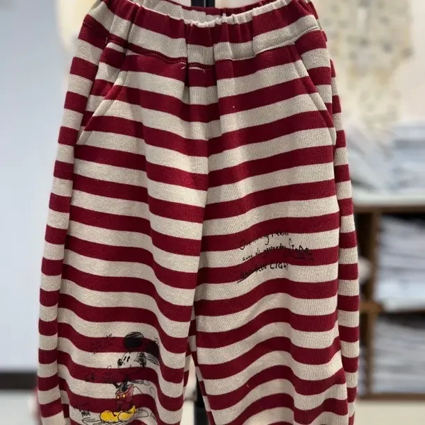 韩系男小童冬季加厚条纹可爱米奇印花收腰裤子