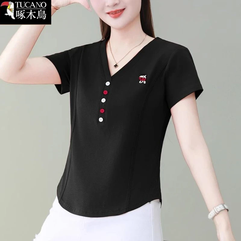 啄木鸟V领短袖t恤女减龄妈妈夏装上衣2025年新款宽松半袖上衣体恤