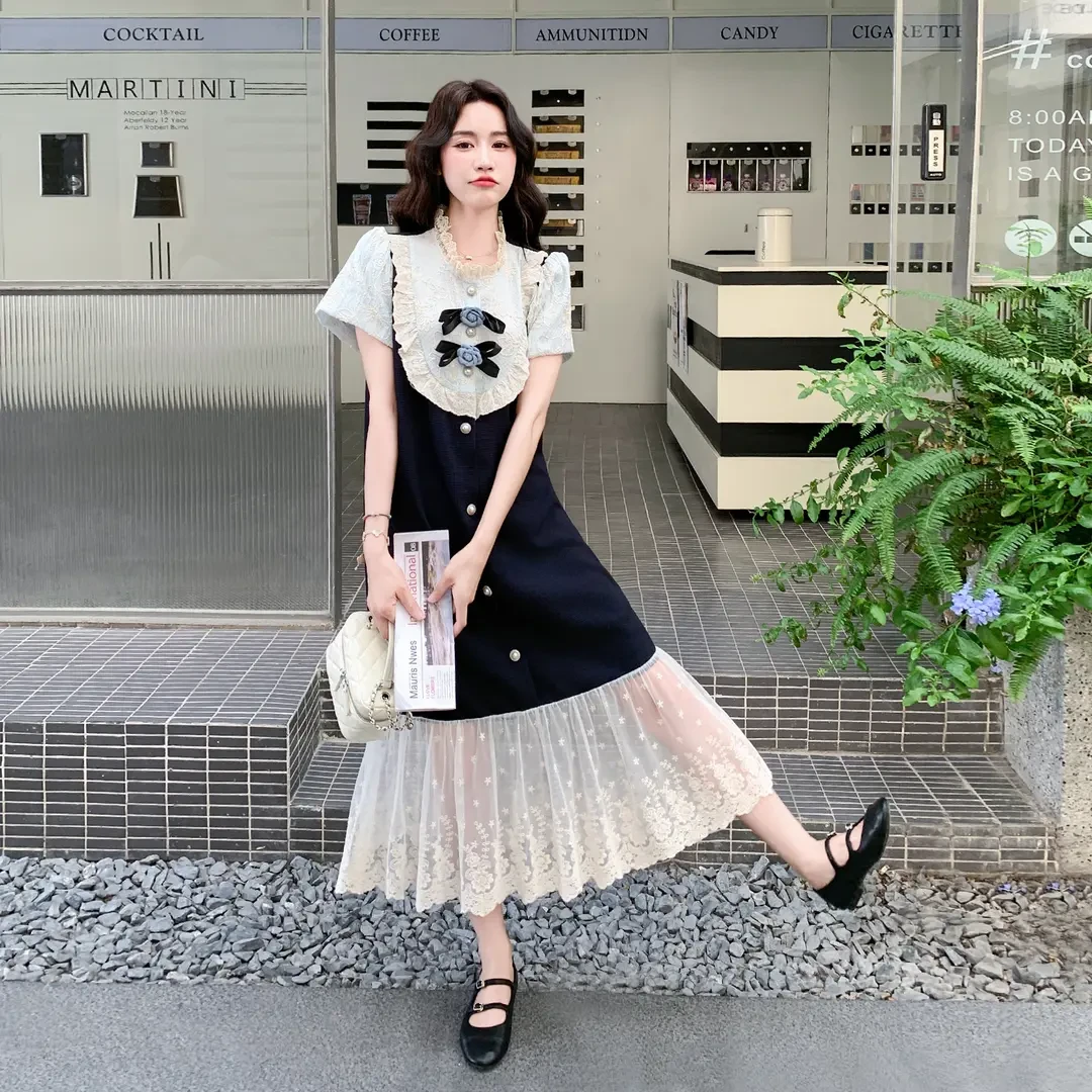 法式名媛气质连衣裙女夏2025新款设计感蕾丝撞色拼接大方得体长裙