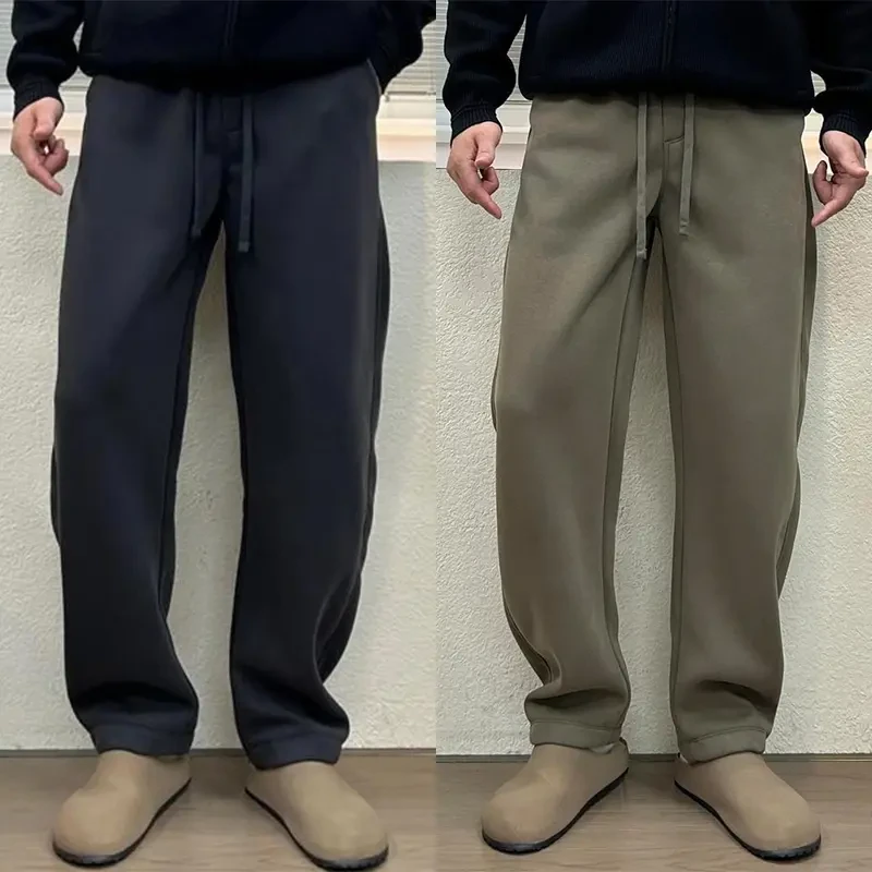 冬季加绒保暖休闲卫裤男士松紧腰宽松百搭运动直筒简约长裤裤子青
