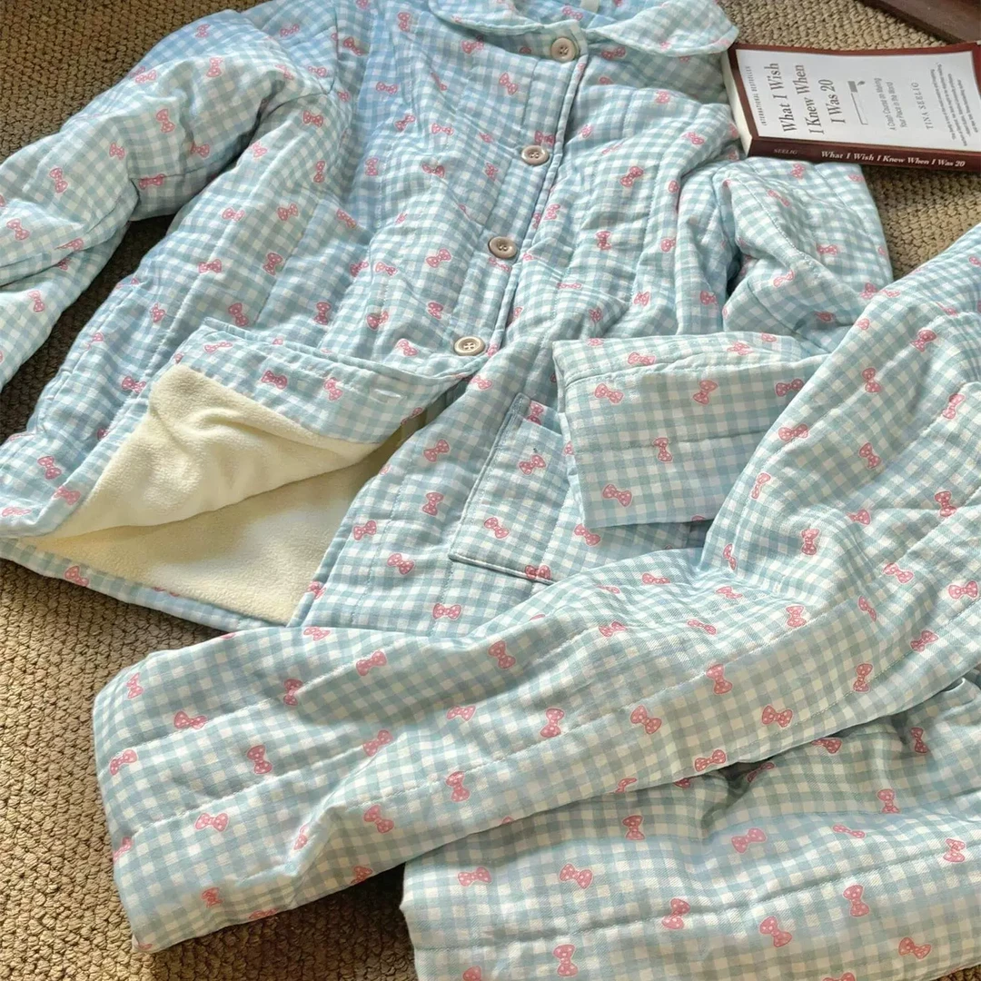 甜美可爱少女蝴蝶结夹棉睡衣女冬季2024年新款加厚保暖家居服套装