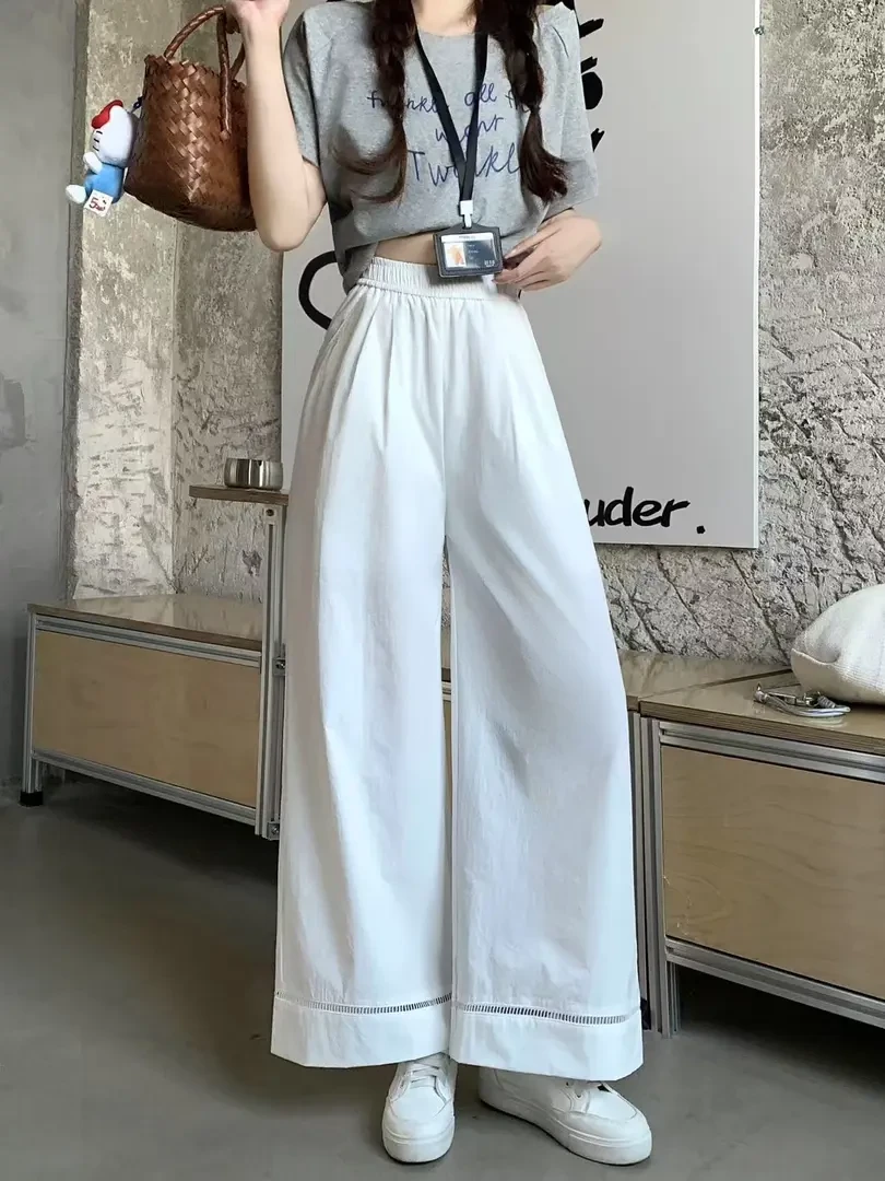 夏季新款时尚松紧显瘦缕空拼接直筒裤女阔腿裤显瘦运动