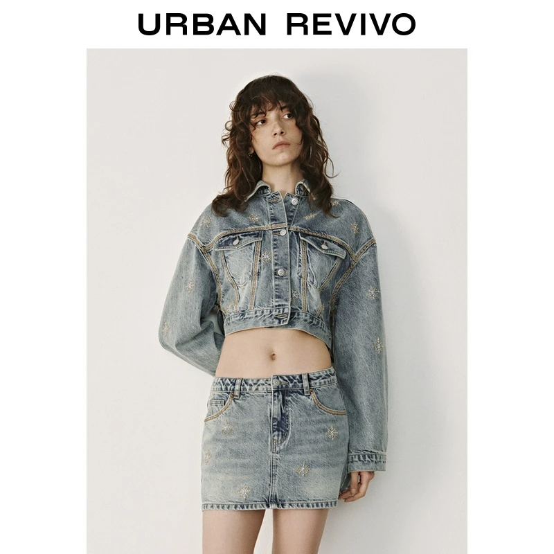 UR2025秋季新款女装复古撞色缝线钉珠装饰牛仔外套UYL850039