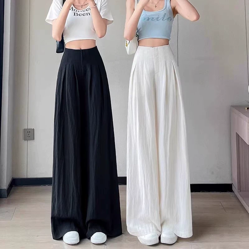 白色冰丝亚麻阔腿裤女夏季2025新款高腰垂感凉凉裤薄款休闲山本裤