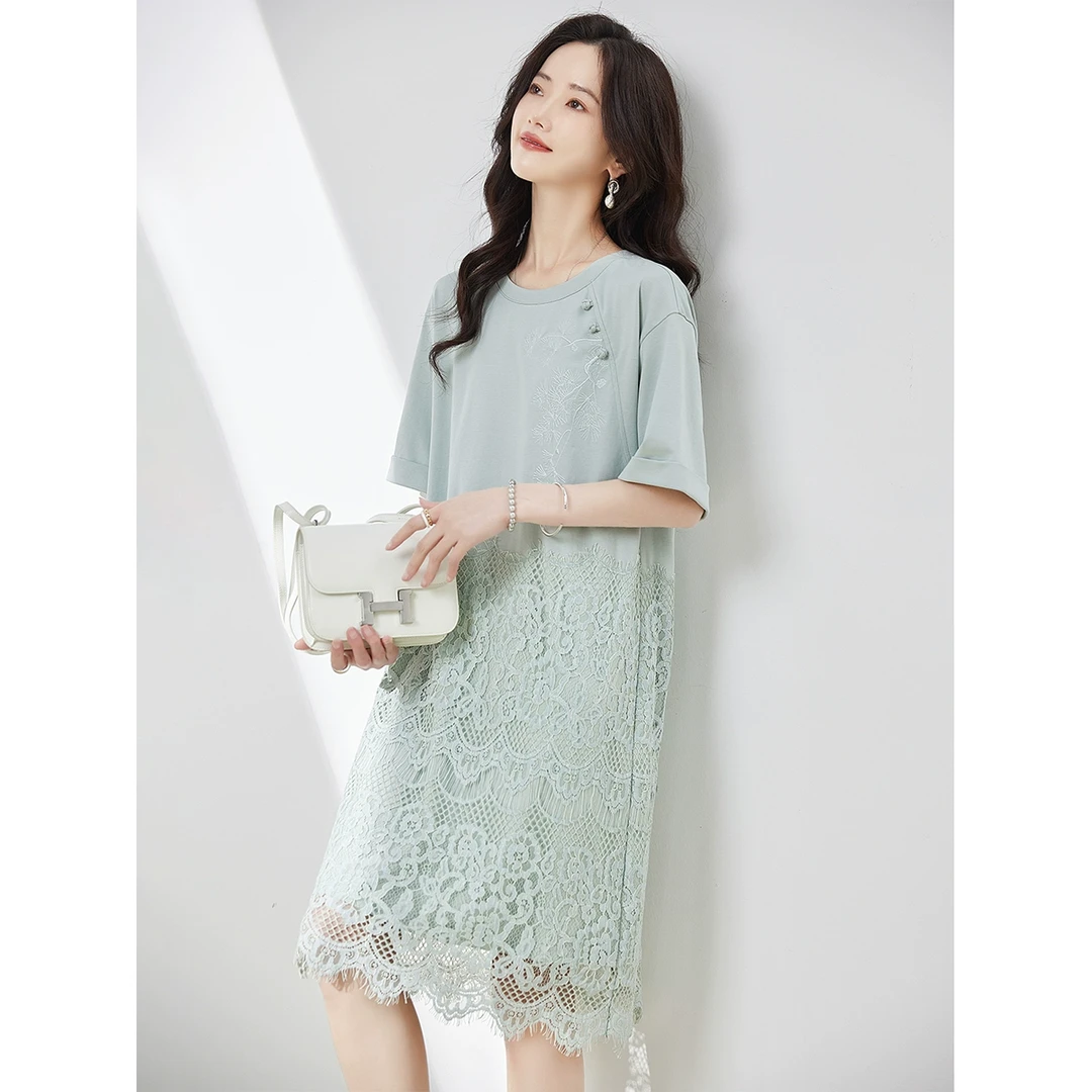 蕾丝拼接新中式假两件连衣裙女夏新款宽松大码气质直筒裙TC2148