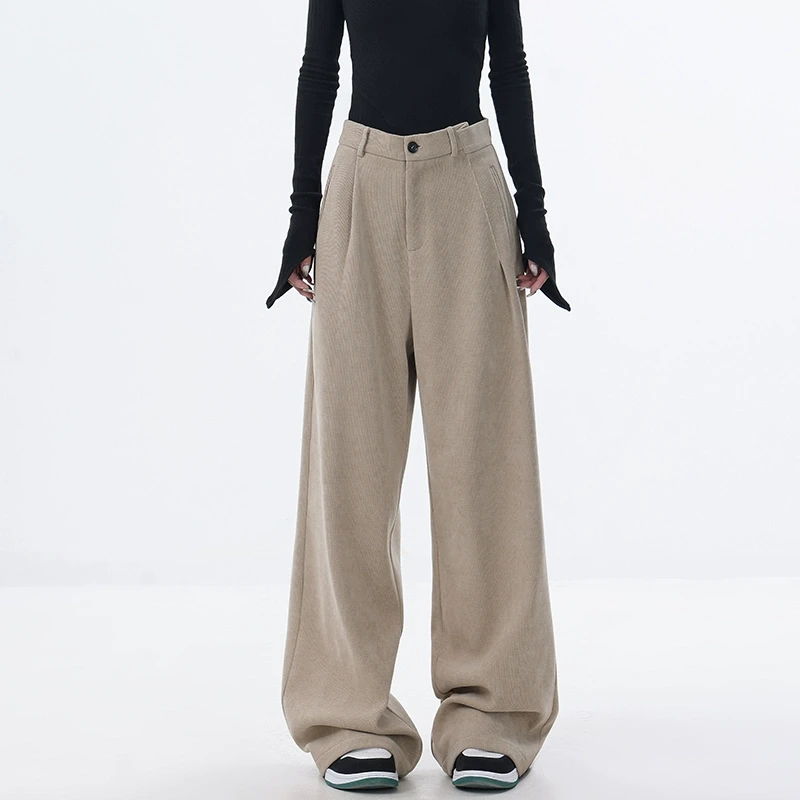 【五折福利】KEN STUDIO灯芯绒裤子女春秋新款卡其色阔腿裤休闲裤