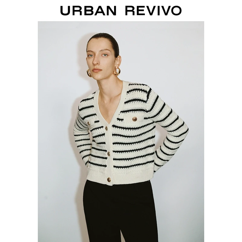 UR2025春季新品女装欧若风学院撞色条纹金属扣针织开衫UWG950077