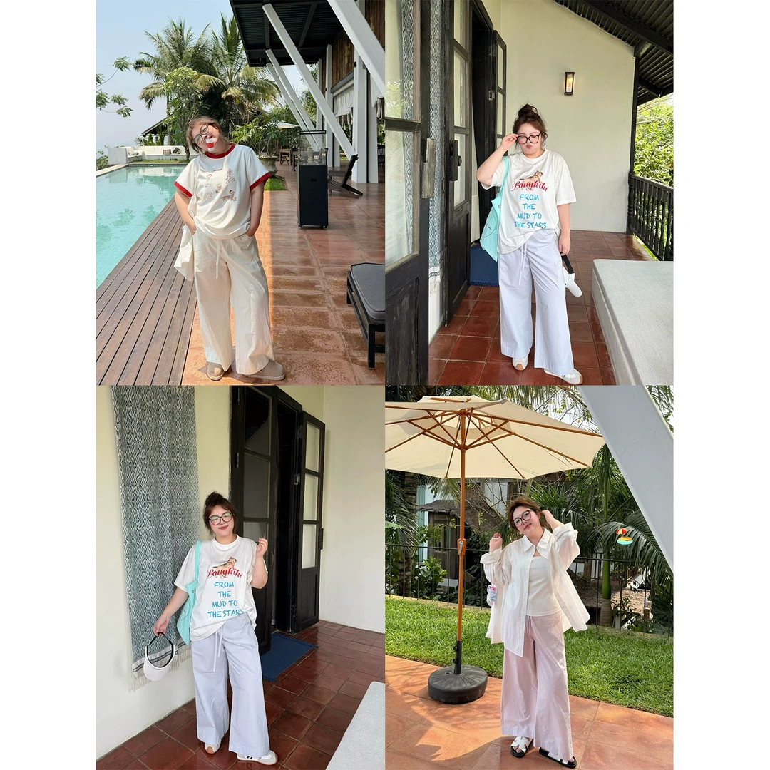 老章和小胖PONGKIKI山本直筒九分裤女大码百搭松紧腰全棉休闲裤夏