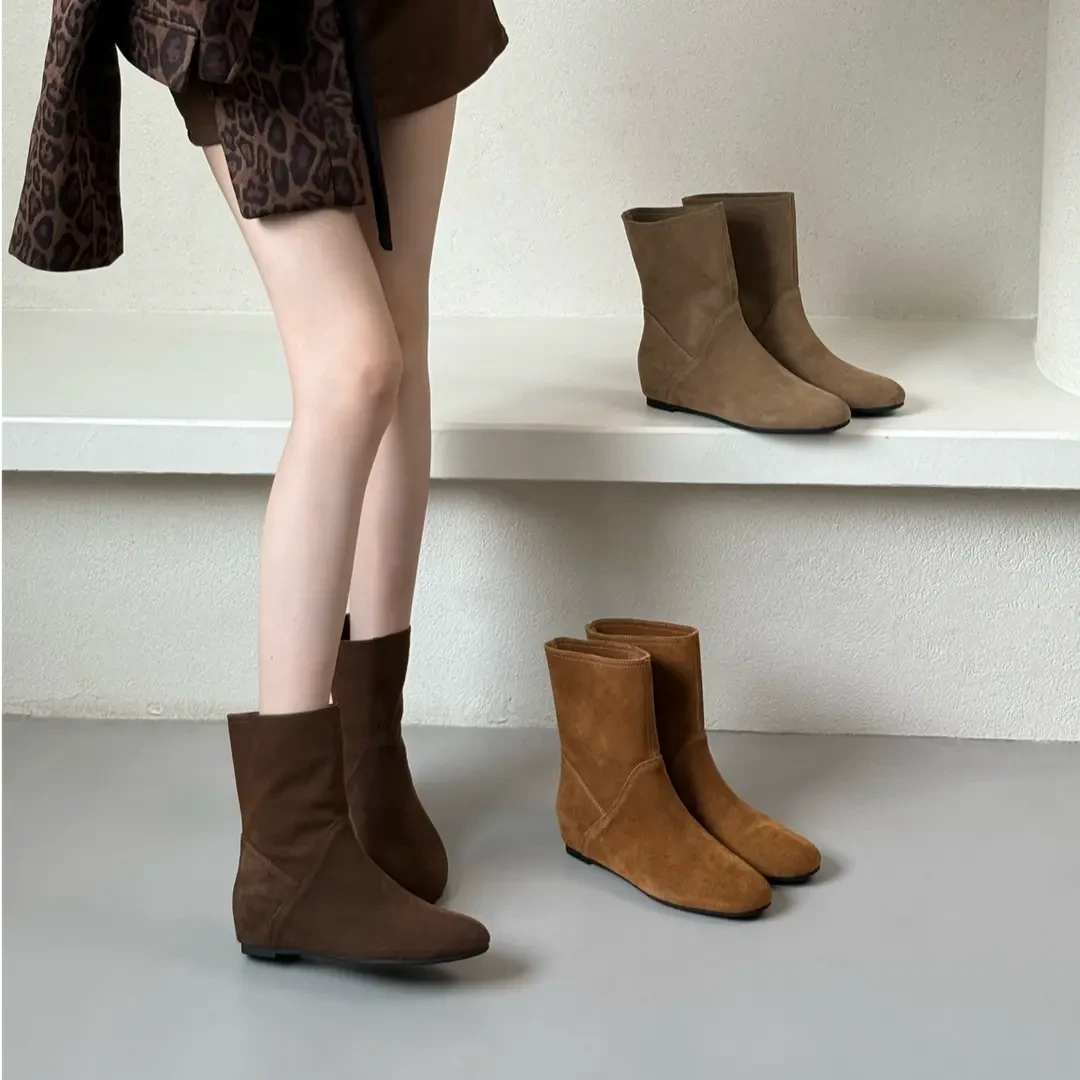 牛皮版～秋冬新款博肯短靴堆堆靴法式女靴子圆头短筒靴百搭马丁靴