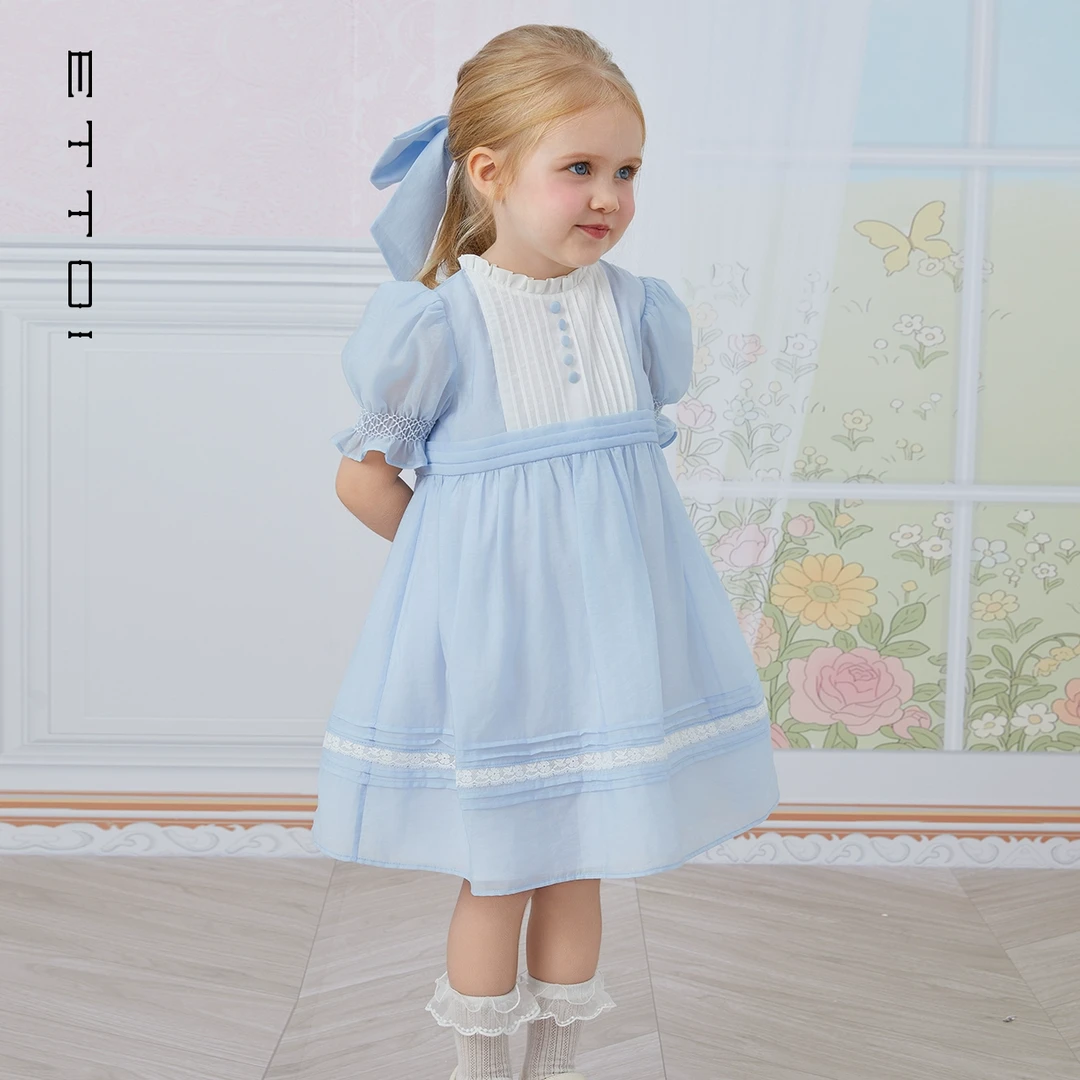 ETTOI2025夏新款泡泡袖公主连衣裙蕾丝花边甜美