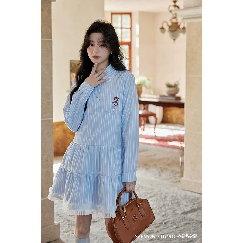 Seemon春时尚裙子小个子洋气漂亮独特高级感蓝色条纹连衣裙Q17465