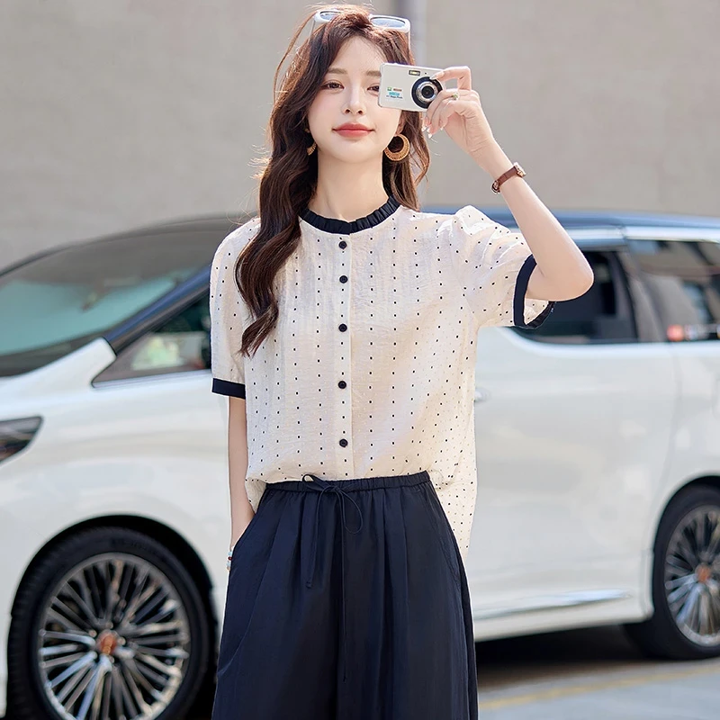 法式复古波点短袖衬衫女士夏季2025新款轻薄圆领上衣通勤小衫
