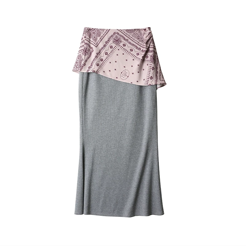 【VENA LABEL】新品25春夏灰红色系带拼接鱼尾裙长裙女