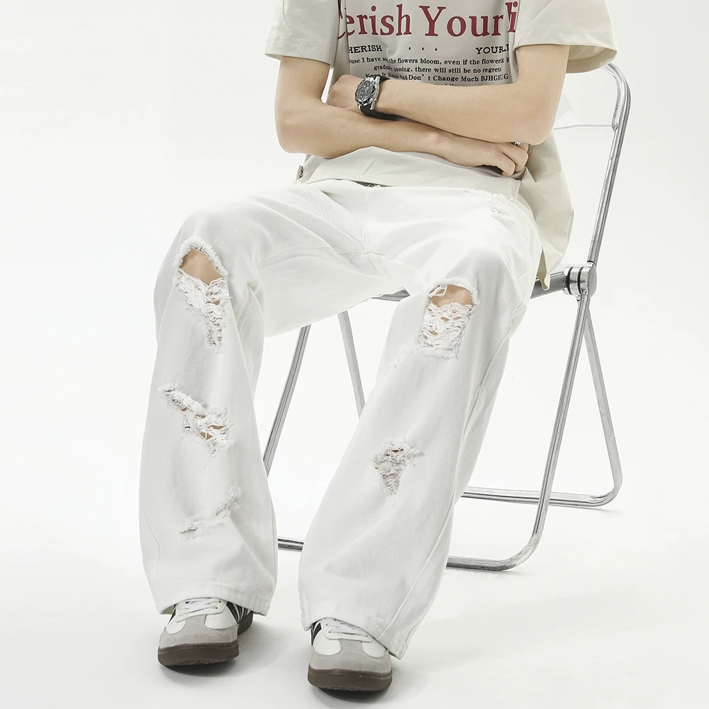 LIGGICC潮牌复古破洞白色牛仔裤男高街vibe美式垂感宽松直筒长裤