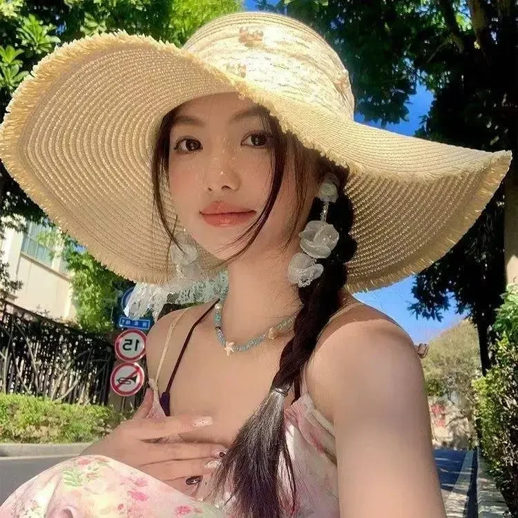 蕾丝蝴蝶结大帽檐沙滩草帽女2025年春新款海边遮阳太阳帽H
