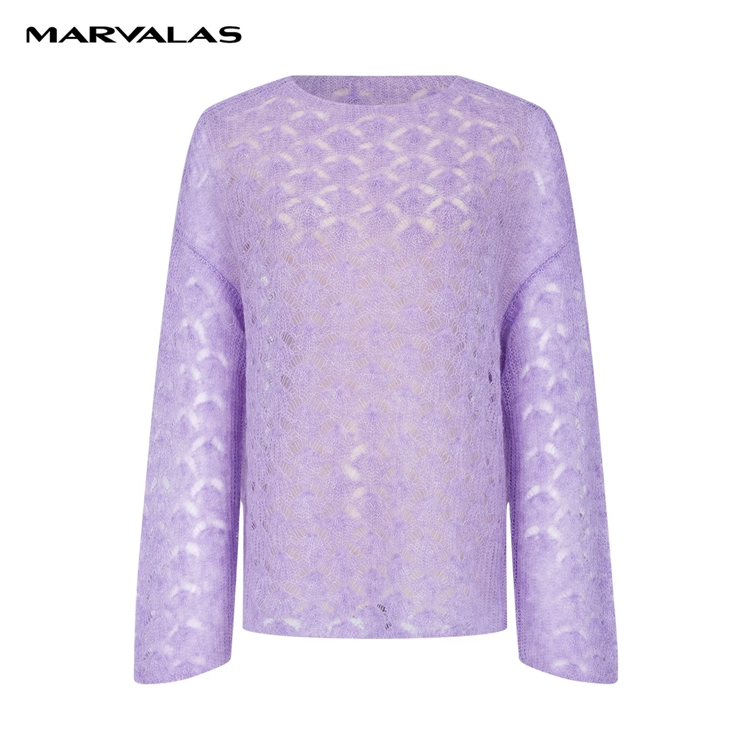 【曼德诗】纯色针织衫春装新款绵羊毛马海毛镂空毛衣M733308879