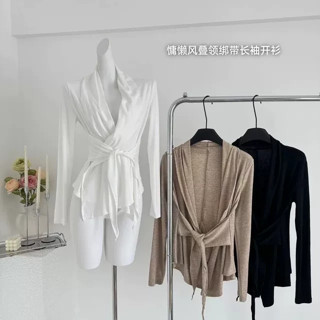 2025早秋叠领绑带长袖开衫女慵懒风设计感精致气质针织外套上衣女