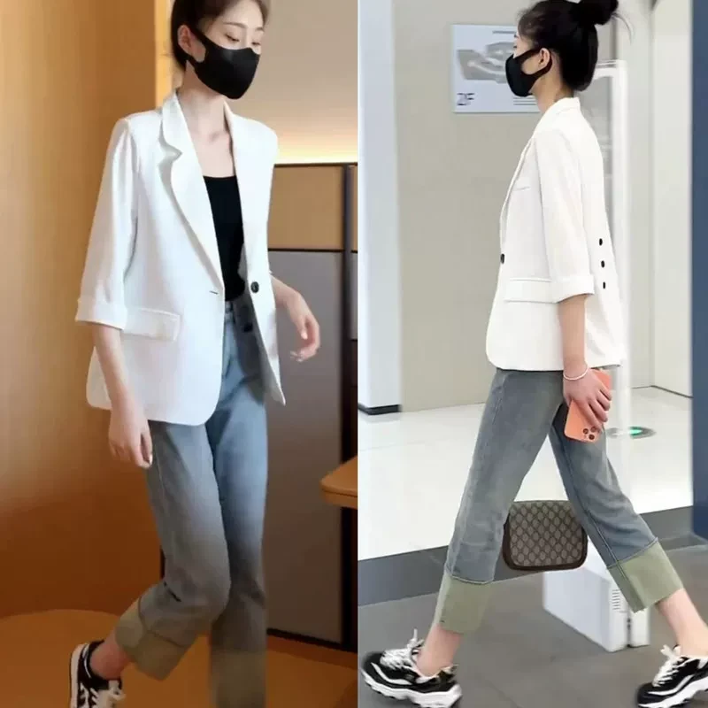 七分袖西装外套女夏季薄款2024新款韩版小个子休闲百搭小西服上衣