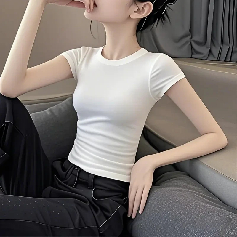 2025新款夏季圆领正肩小袖白色短袖T恤女修身外穿小众设计感上衣
