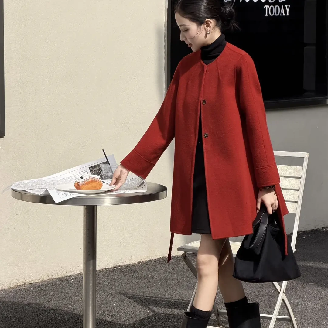 秋冬新款呢大衣女中长款简约气质双面呢外套时尚百搭显瘦毛呢上衣