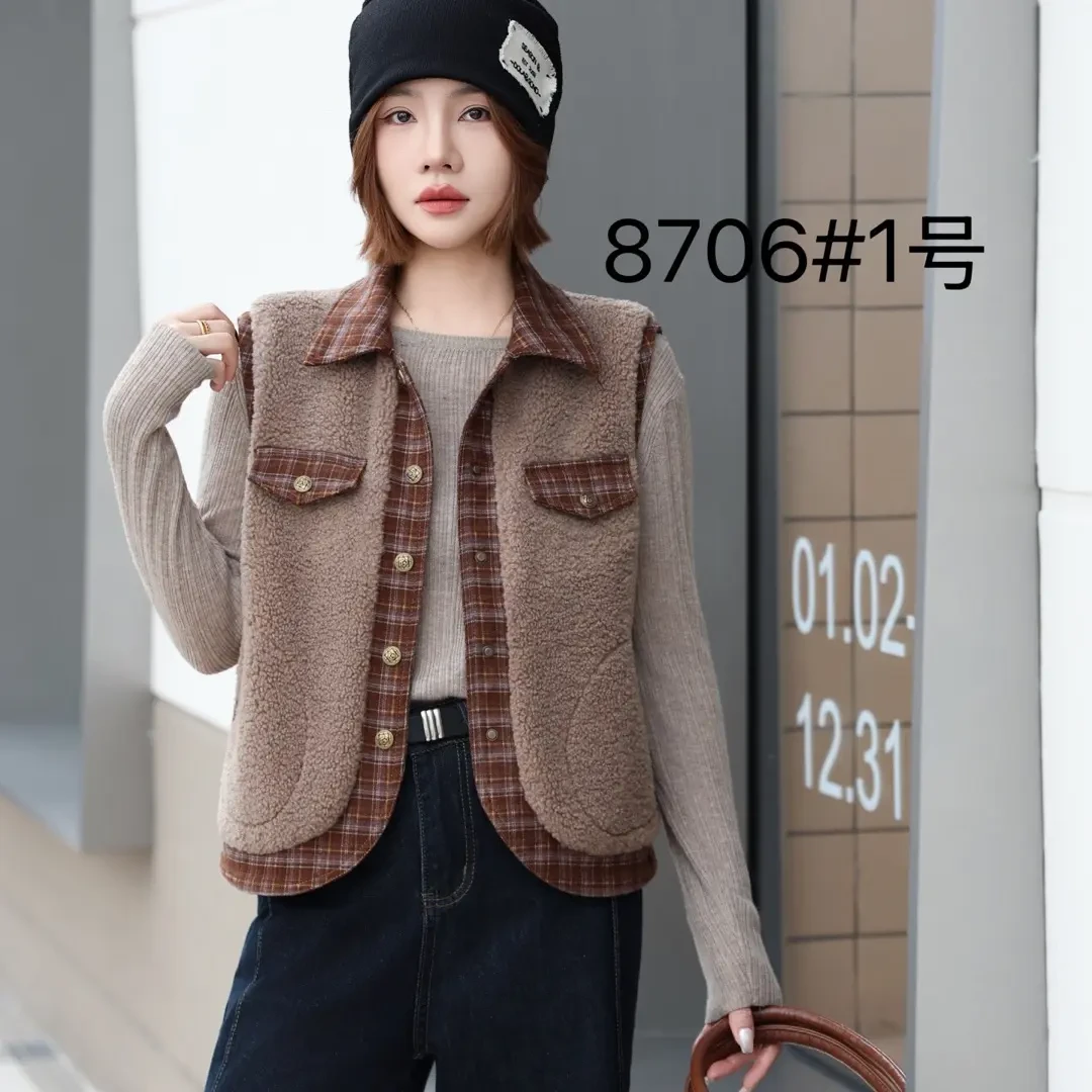 国风8706秋冬夹棉毛毛拼接无袖马甲保暖女外搭