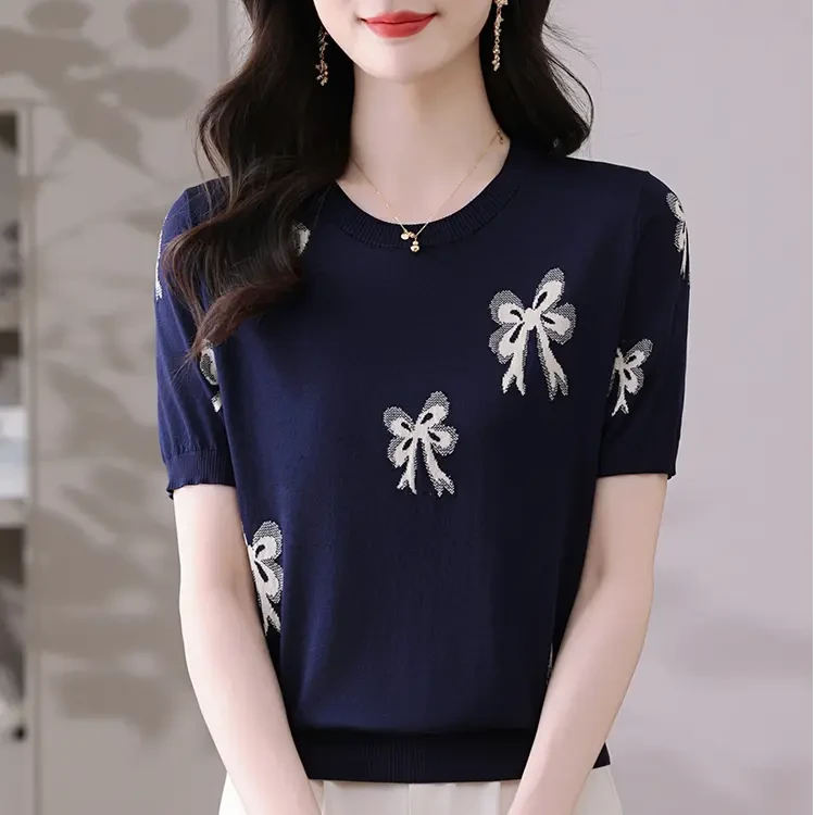 新款夏季轻薄宽松百搭不褪色洋气百搭显瘦时尚小衫蝴蝶结提花针织