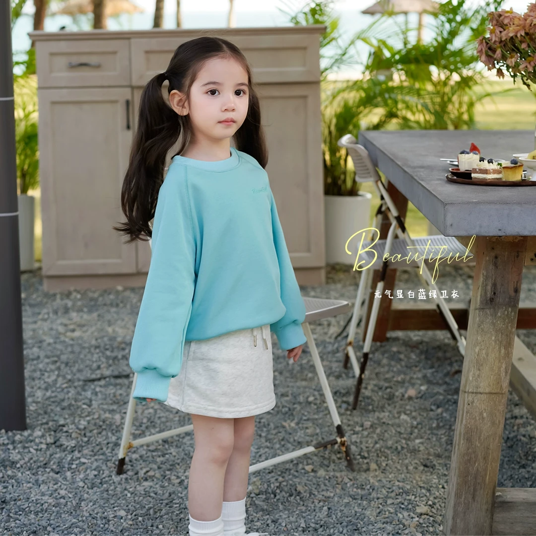 AnnieGirl春季新款2025百搭圆领刺绣卫衣时髦湖蓝色女童长袖上衣