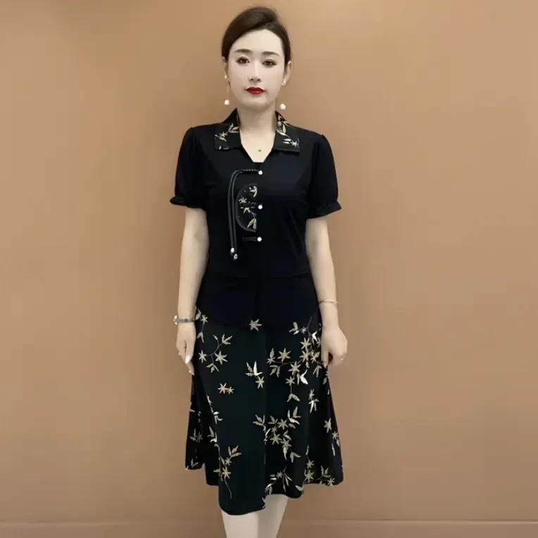 中老年新款时尚新中式连衣裙夏季优雅气质收腰显瘦假两件连衣裙