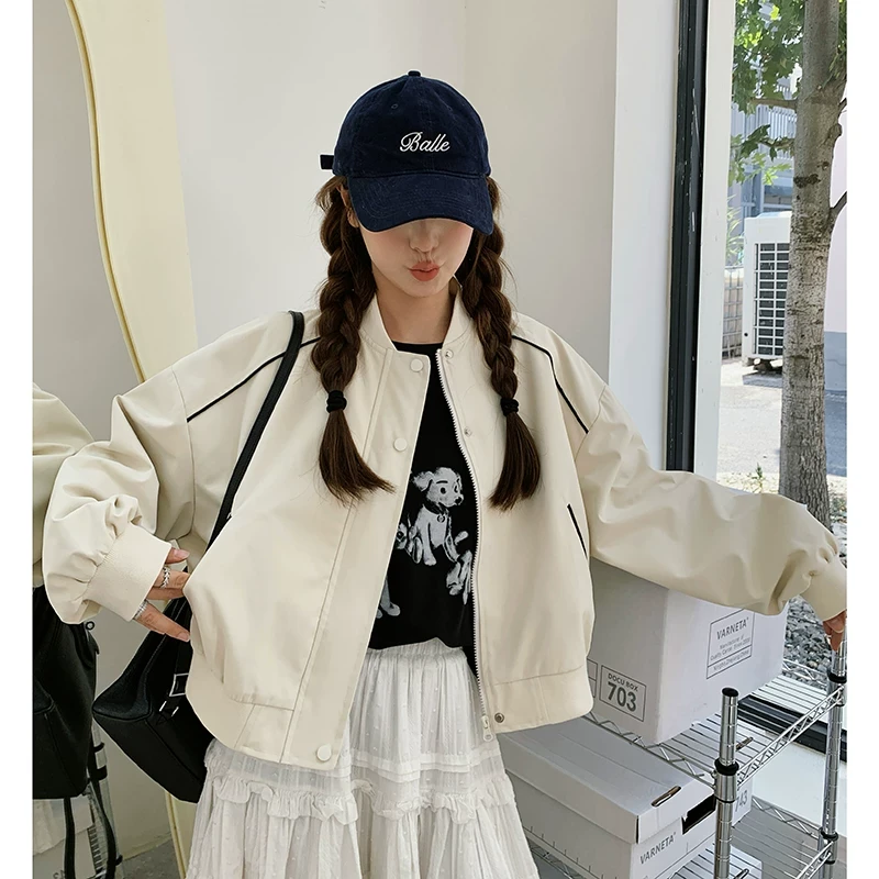 米白色休闲棒球服外套女2025春秋新款设计感时尚宽松百搭夹克上衣
