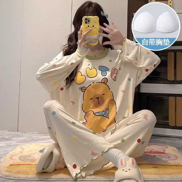 睡衣女春秋款莫代尔带胸垫甜美可爱少女夏季长袖家居服套装可外穿