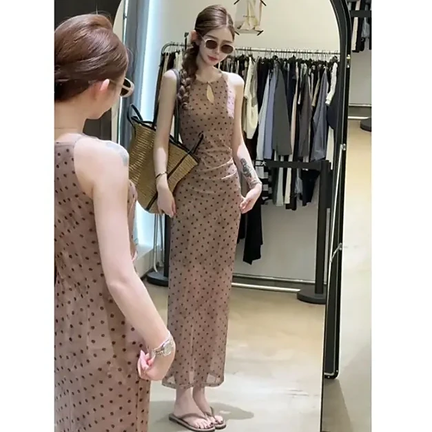 设计感连衣裙女2025夏季新款法式气质收腰波点无袖中长款裙3250#