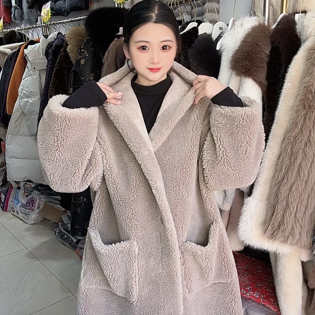 冬季街头时尚长款百搭毛呢外套颗粒绒连帽加绒加厚气质宽松女装