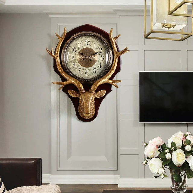 鹿头实木钟表挂钟北欧欧式创意客厅大气美式家用新中式复古石英钟