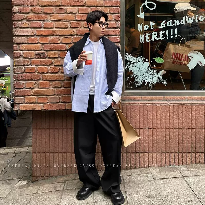 OXFREAK 「基础通勤 低饱和蓝」条纹长袖衬衫男春季宽松廓形衬衣
