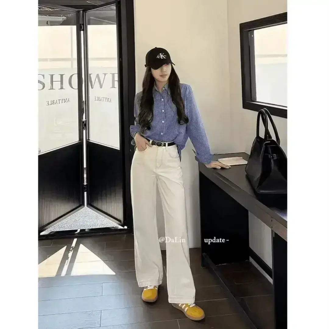 【送腰带+运费险】米杏色牛仔裤女高腰休闲古显瘦显腿长窄版直筒裤