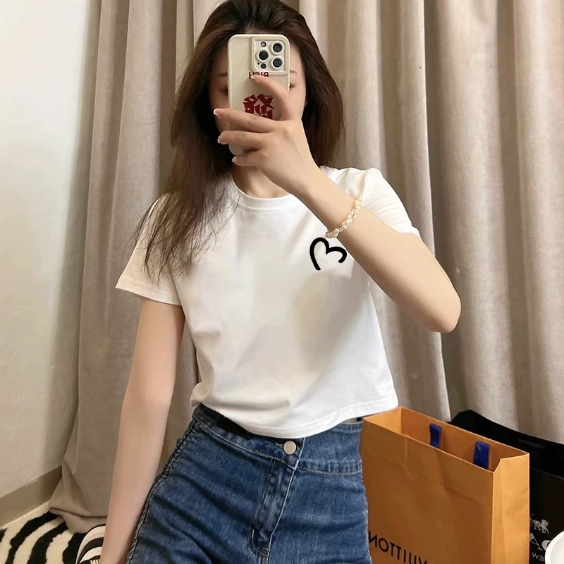 白色短款t恤女夏短袖宽松小个子高腰上衣服2025新款纯棉正肩ins潮
