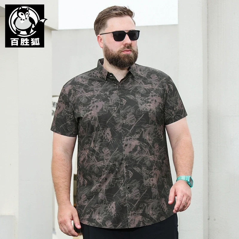 百胜狐大码男装短袖衬衫夏胖子加肥加大宽松休闲时尚潮流印花上衣
