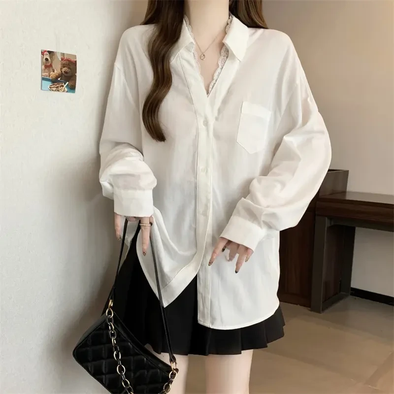 POLO领甜美衬衫蕾丝中长款韩版2025春装白衬衫慵懒秋季宽松白色