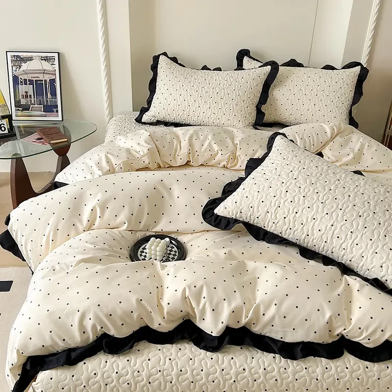 韩版超柔水洗棉夹棉床盖四件套防滑公主风床上用品床单宾馆被子