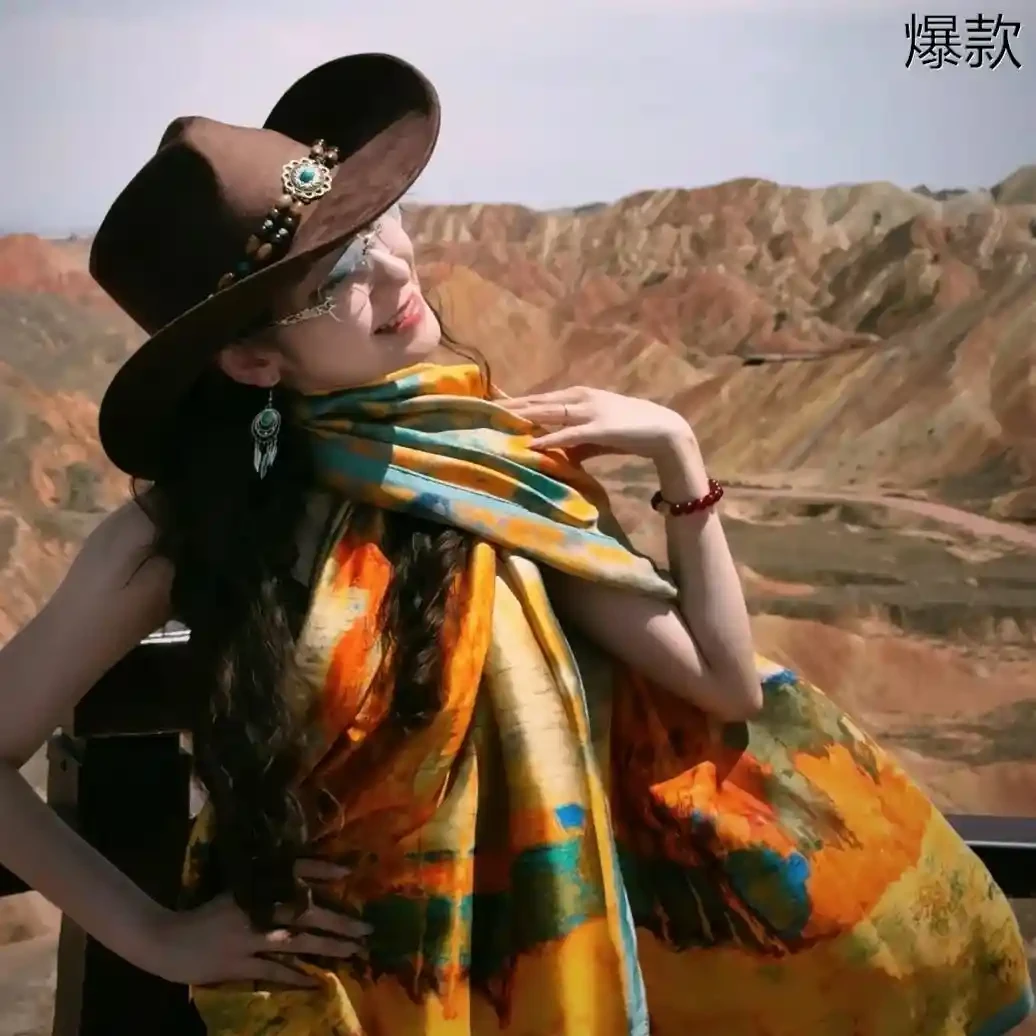 大西北七彩丹霞沙漠旅行拍照民族风丝巾沙滩多功能针织保暖披肩