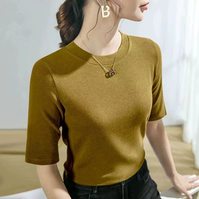 2025到手夏季T恤五分半袖新款袖内修身百搭上衣显瘦中袖螺纹打底