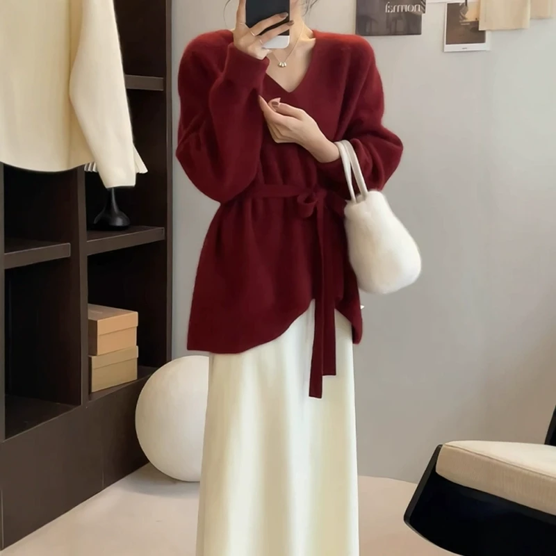圣诞氛围感红色不规则系带v领毛衣女秋冬高级感慵懒风针织衫上衣