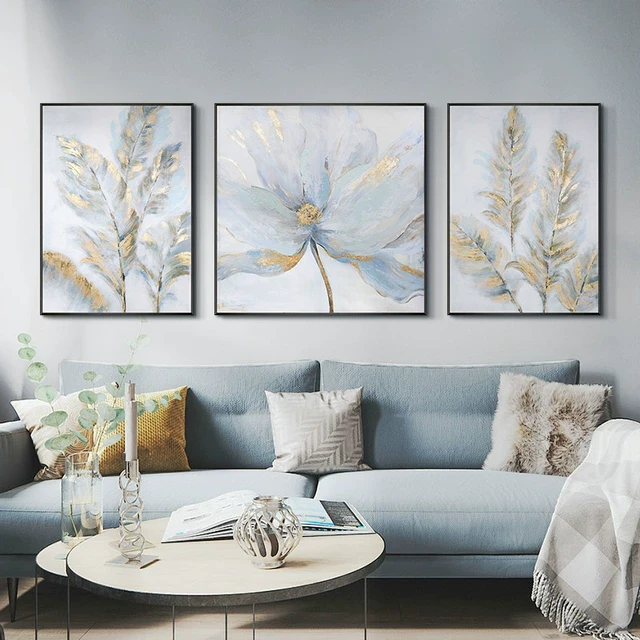 纯手绘油画客厅装饰画简约现代沙发背景墙挂画花卉三联画轻奢壁画