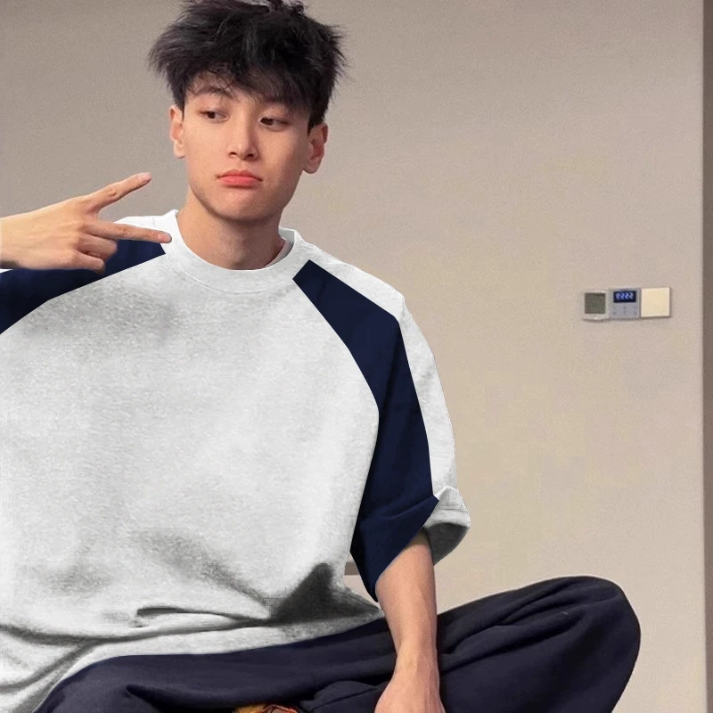 美式纯色基础款重磅纯棉短袖T恤男夏季高街设计感插肩拼接上衣潮