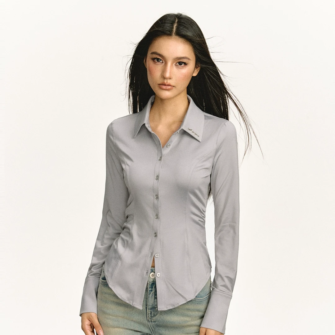 Ariseism 美式复古灰色缎面长袖衬衫女2025春秋新款修身显瘦上衣