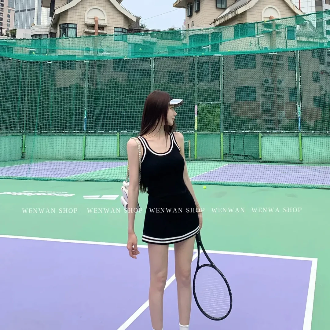 夏季修身时尚黑色无袖百搭连衣裙辣妹吊带裙显瘦网球裙小众性感