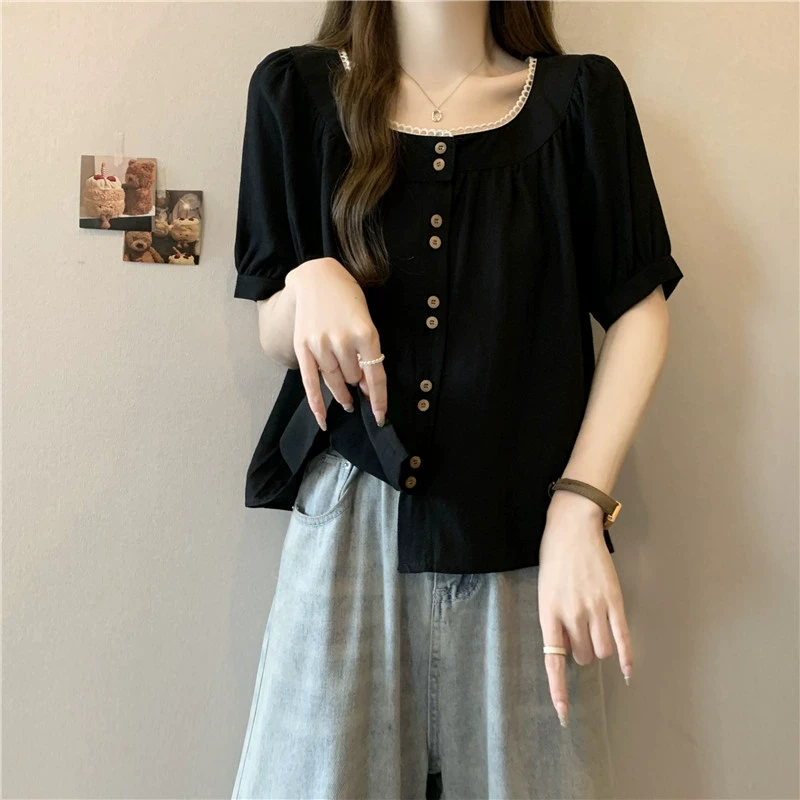 大码女装遮肚子正肩设计感短袖衬衫女胖MM宽松显瘦减龄娃娃衫上衣