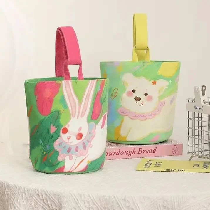 插画卡通帆布包可爱水桶印花随身手提包外出便当妈咪单肩骑行包