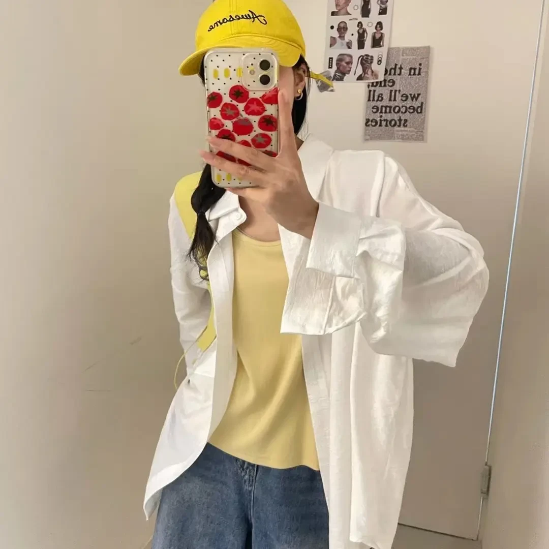 四季韩版休闲简约长袖宽松中长款女新款女生韩系ins衣服衬衫衬衣